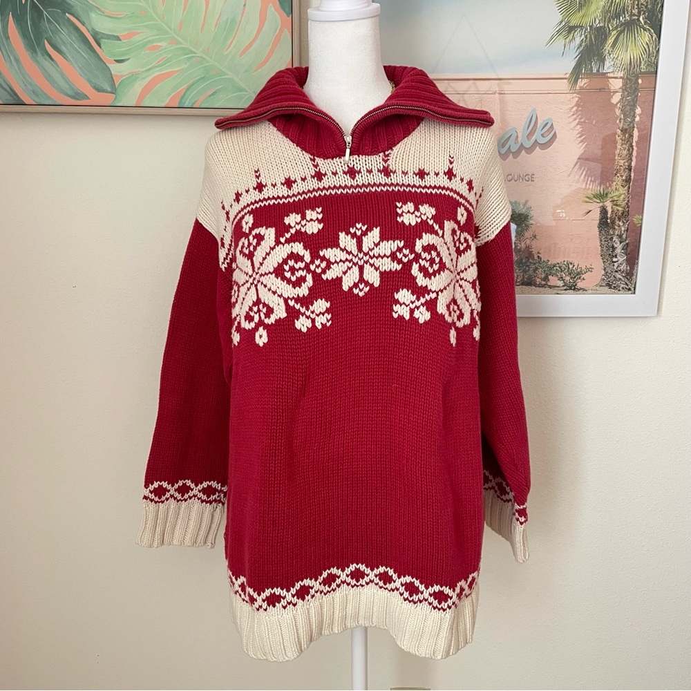 Eddie Bauer Vintage Nordic Snowflake Quarter Zip Up Sweater Small Petite